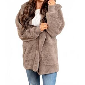 NEW HEM & THREAD plushy faux fur hoodie jacket in brown